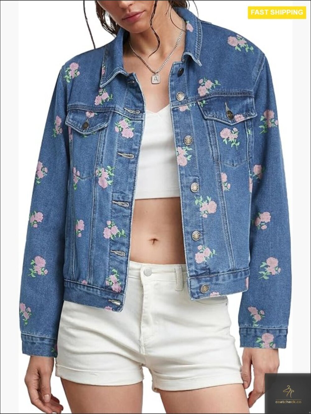 Floral Print Denim Jacket Cropped Fit Long Sleeve Button Down Vintage Style